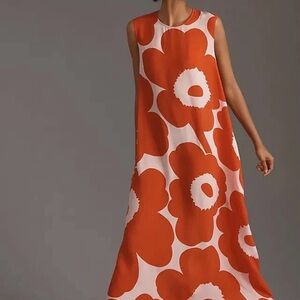 Marimekko Migot Unikko Midi Dress Anthropologie Pink Poppy Silky Sz 14